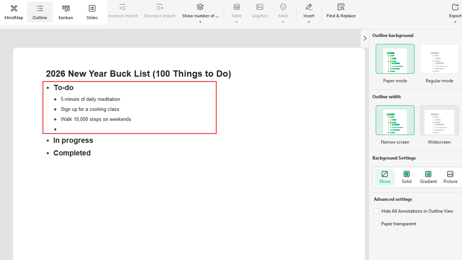 Le passage en mode Plan vous permet de saisir du texte en continu.