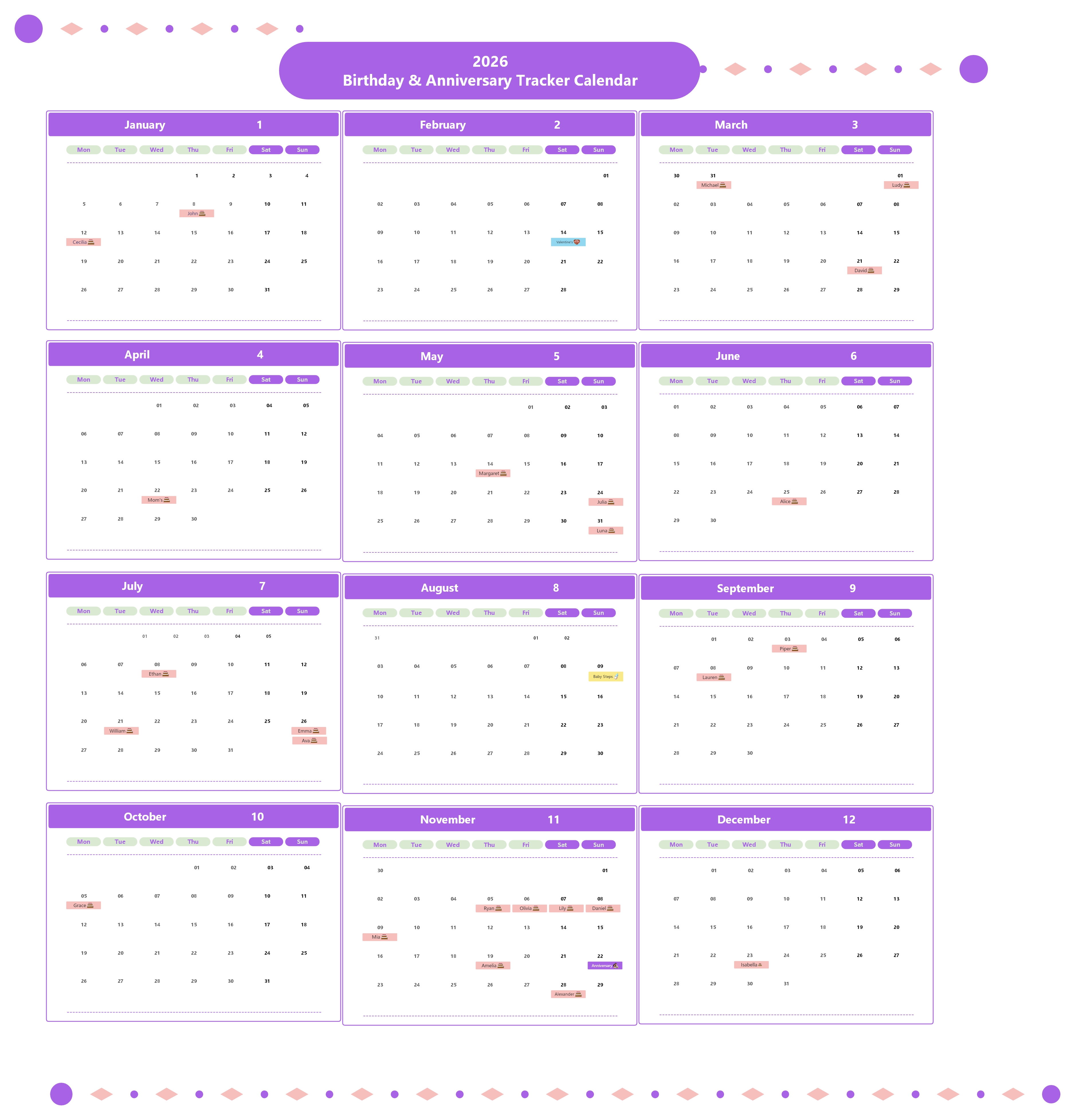 2026 Birthday and Anniversary Calendar