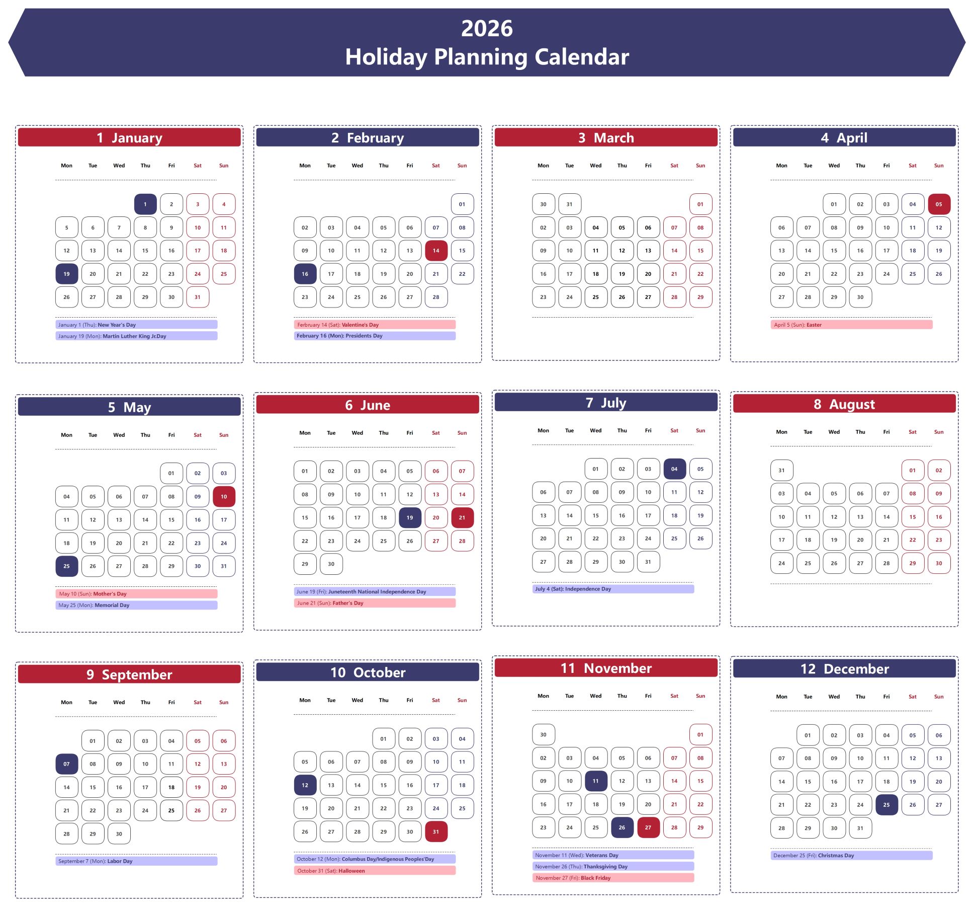 2026 Holiday Planning Calendar
